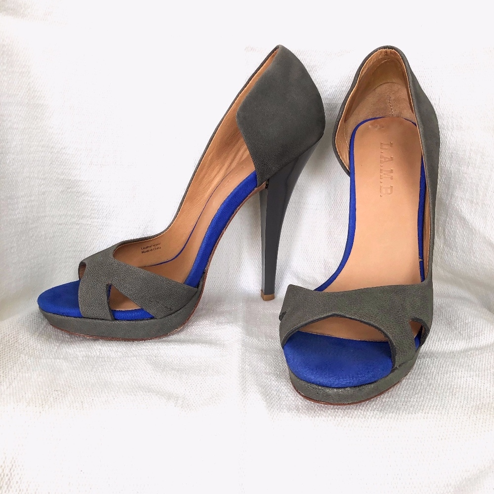 L.A.M.B. Open Toe D'Orsay Heel, Grey/Electric Blue